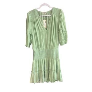 NWT Ramy Brook Womens Green V-Neck 3/4 Balloon Sleeve Gilda Mini Dress Large